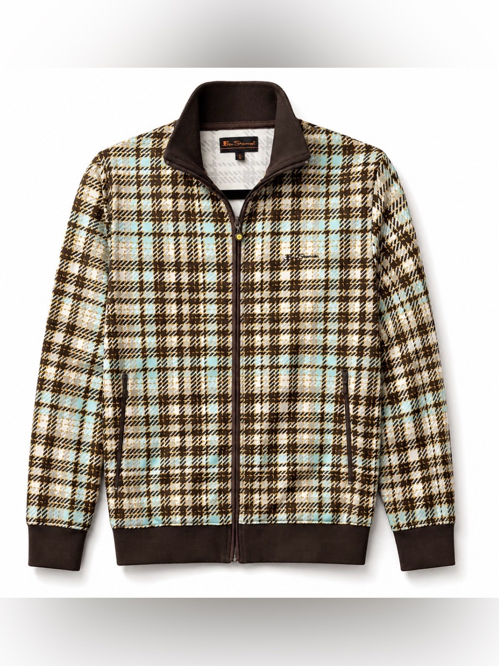 Ben Sherman Men’s Medium Plaid Track Jacket Brown Aqua Full Zip Retro